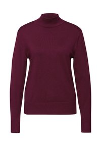 Pull à col roulé bordeaux en tissu doux, avec des manches longues et une silhouette ajustée, dotée de poignets et d'un ourlet côtelés.