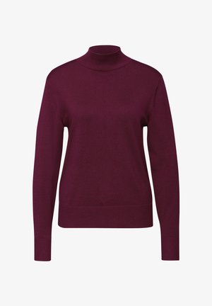 Burgunderfarbener Rollkragenpullover aus einem weichen Stoff, mit langen Ärmeln und einer taillierten Silhouette, sowie gerippten Bündchen und Saum.