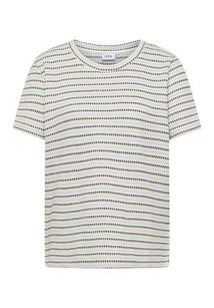 Koszulka z krótkim rękawem wykonana z dzianiny w poziome paski w kolorze niebieskim i brązowym na kremowym tle, z okrągłym dekoltem, z metką "Cecil" wewnątrz kołnierza.