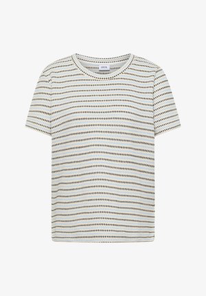 Chemise en maille à manches courtes avec des rayures horizontales bleues et marron sur fond crème, encolure ronde, étiquette "Cecil" à l'intérieur du col.