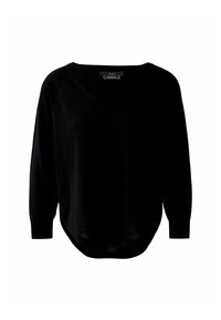 Schwarzer V-Ausschnitt-Pullover mit langen Raglanärmeln, weichem Material und abgerundetem Saum. Mit minimaler Markenkennzeichnung am Halslabel.