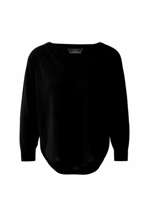 Schwarzer V-Ausschnitt-Pullover mit langen Raglanärmeln, weichem Material und abgerundetem Saum. Mit minimaler Markenkennzeichnung am Halslabel.