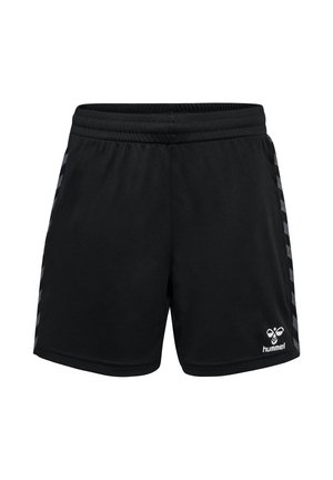 Schwarze Sportsshorts mit elastischem Bund, seitlichen Chevron-Streifen und weißem Hummel-Logo am unteren rechten Bein.