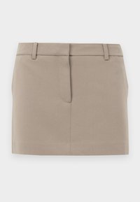 Beige skjørt laget av glatt stoff med skreddersydd midje, enkelt frontlomme, og rett snitt, med rene linjer og uten pynt.