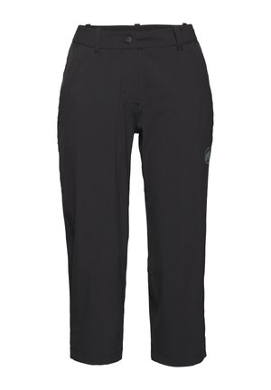 Pantaloni neri a cropped realizzati in tessuto leggero, con una texture liscia, tasche laterali e un piccolo logo sul lato.