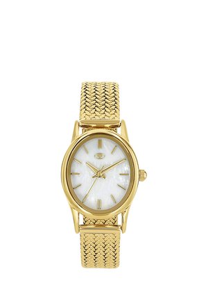 Gold wristwatch with a white mother-of-pearl face, gold hour markers, and a woven gold metal band.