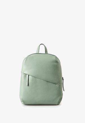 Light green leather backpack with a rounded shape, a front zip pocket, and minimalist design. Features dual top handles and subtle stitching accents.