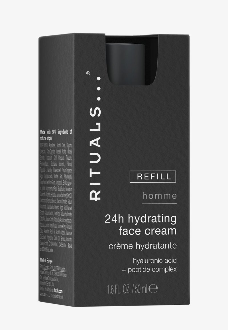 Sort rektangulær æske med RITUALS-branding, der indeholder 24 timers fugtgivende ansigtscreme til mænd med hyaluronsyre og peptidkompleks, 50 ml.