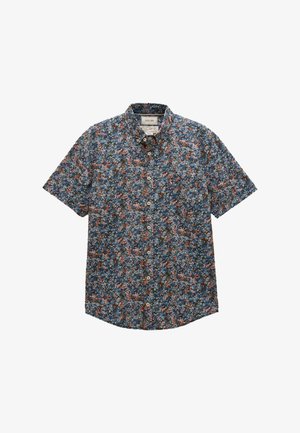 Hemd mit dichtem blauem, pinkem und grünem Blumenmuster, weißen Knöpfen und kleinem pinkfarbenem gesticktem Hasen auf der Tasche nahe dem Schlüsselbein.