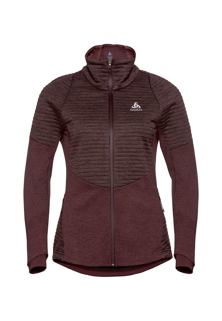 Maroon athletic jacket with a textured chest panel, high collar, full zip, and long sleeves, featuring a smooth fabric and logo detail.