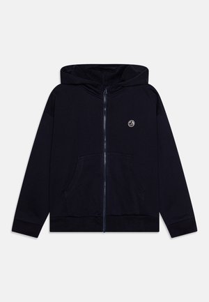 Marineblauer Zip-Up-Hoodie aus weichem Stoff, mit einer Fronttasche und einem kleinen Logo auf der Brust, ausgestattet mit einer Kapuze mit Kordelzug und gerippten Bündchen.
