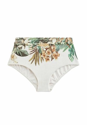 White high-waist bikini bottom with green and brown tropical leaves and flowers print, and a small gold chain detail at the front center.
