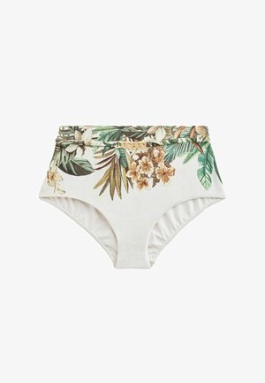 White high-waist bikini bottom with green and brown tropical leaves and flowers print, and a small gold chain detail at the front center.