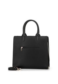 Schwarze Lederhandtasche mit zwei oberen Griffen, einer vorderen Reißverschlusstasche und einem abnehmbaren Schultergurt, der daneben liegt.