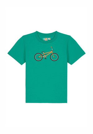 Türkisfarbenes Baumwoll-T-Shirt mit einem Grafikmotiv eines orangen Fahrrads. Kurze Ärmel und ein Rundhalsausschnitt verleihen ihm einen lässigen Look.
