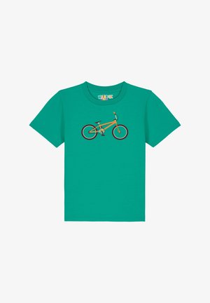 Türkisfarbenes Baumwoll-T-Shirt mit einem Grafikmotiv eines orangen Fahrrads. Kurze Ärmel und ein Rundhalsausschnitt verleihen ihm einen lässigen Look.