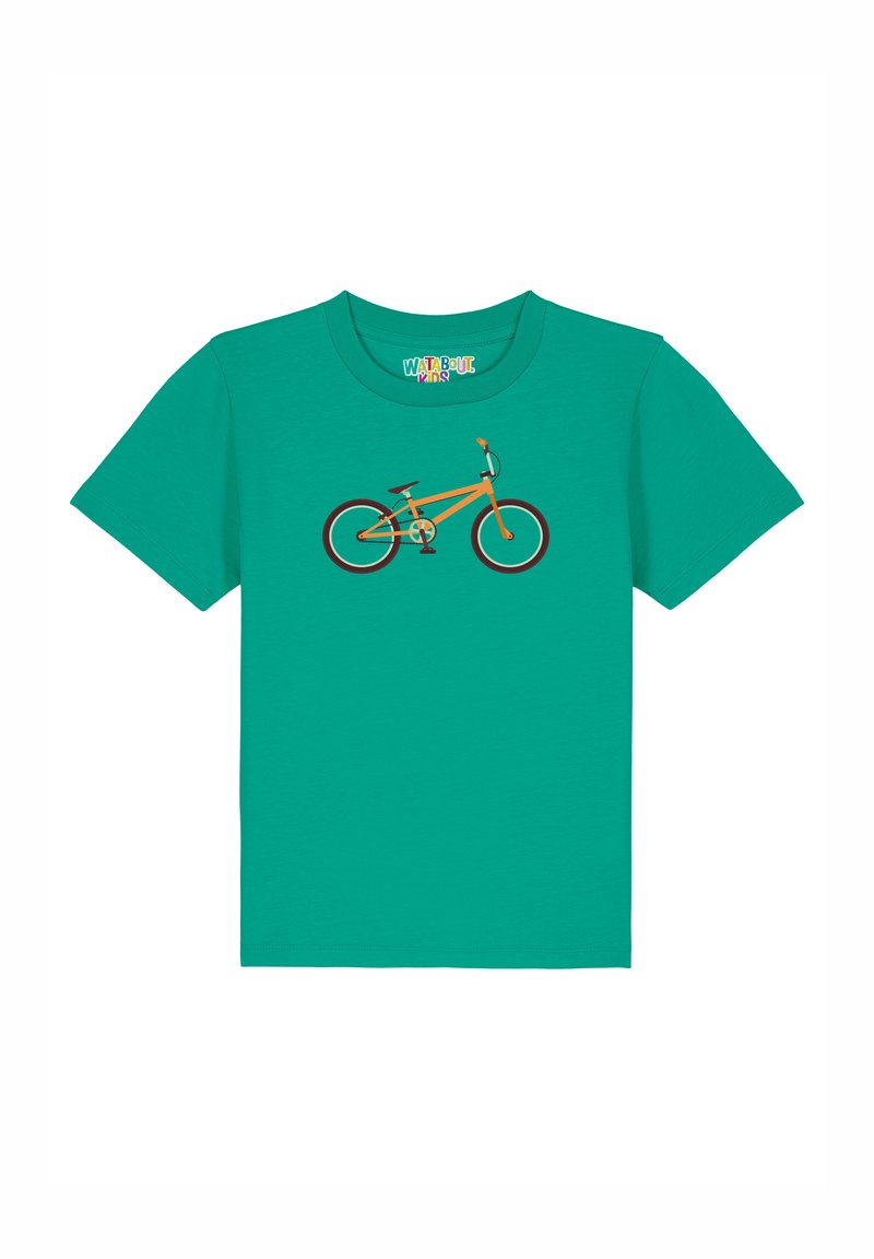 Teal katoenen t-shirt met een grafiek van een oranje fiets. Korte mouwen en een ronde halsontwerp versterken de casual uitstraling.