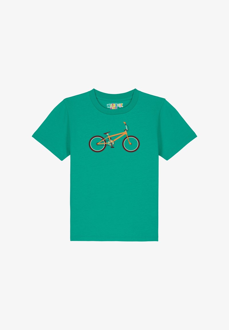 Teal katoenen t-shirt met een grafiek van een oranje fiets. Korte mouwen en een ronde halsontwerp versterken de casual uitstraling.