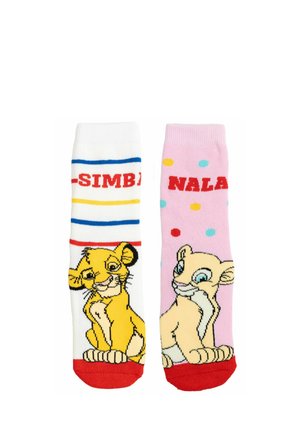 Children's socks with Simba on a white background and Nala on a pink background, both with red toes and character names above.