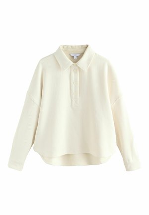 Cremfarbener, strukturierter Pullover mit Kragen, vorderer Knopfleiste und leicht übergroßer Passform. Kurz geschnitten.