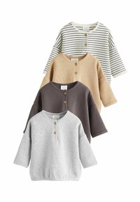 Set aus vier Langarmshirts in Grau, Dunkelbraun, Beige und mit Streifenmuster. Mit Holzknöpfen und einer lockeren Passform. Geeignet für das Lagen-Look.