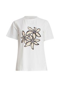 Witte katoenen T-shirt met een bloemenprint in zwart en beige. Korte mouwen en een ronde halsontwerp.