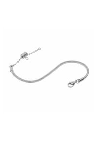 Bracciale in argento con un design flessibile e intrecciato, dotato di un gancio a moschettone e una catena di estensione regolabile per aggiustare la misura.