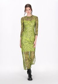 Rochie lungă, transparentă, cu un model de dungi zebrate verzi și negre, cu mâneci lungi și o siluetă ajustată, asortată cu botine negre cu șiret.