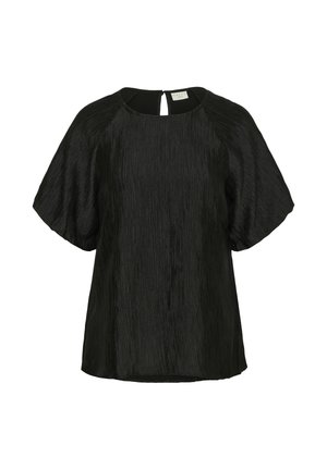 Haut noir avec des manches courtes et larges, présentant une surface texturée. Il comporte un détail au dos en forme de clé et une coupe ample et décontractée.