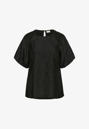 Čierny top s krátkymi, širokými rukávmi a textúrovaným povrchom. Obsahuje detail v tvare kľúčovej dierky na chrbte a voľný, uvoľnený strih.