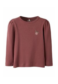 Dugih rukava, rebrasta majica u mutnoj ružičastoj boji s okruglim izrezom i nabranim ramenima, s malim izvezenim voćem na prsima.