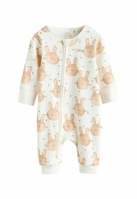 Vit ribbad babybody med ett upprepat kanintryck i mjuk beige med ljusa prickar, framficka, och mjuka muddar.