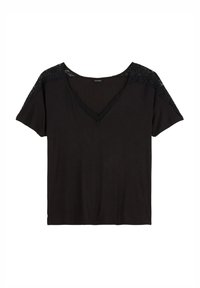 Haut noir à manches courtes avec encolure en V, orné de délicats motifs en dentelle noire sur les épaules et une texture douce et lisse sur l'ensemble.