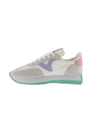 Sport shoes with a white and gray upper, purple and pink accents, a textured mint green sole, and a smooth, curved silhouette.