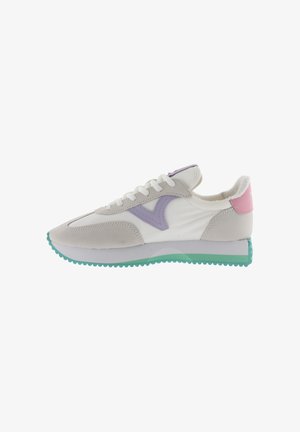 Sport shoes with a white and gray upper, purple and pink accents, a textured mint green sole, and a smooth, curved silhouette.