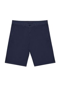 Marina blå shorts med knappstängning, bältesringar, två framfickor och ett slätt, lätt tyg. Avslappnad design, knähöga.