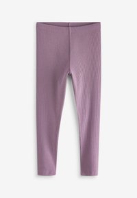 Violet raidalliset legginsit, joissa on sileä pinta, joustava vyötärö ja tiukka muotoilu, päättyen juuri nilkan ylle.