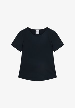 Camiseta de manga corta en azul oscuro con escote redondeado y dobladillo recto, con textura de canalé y un pequeño logotipo en la manga.