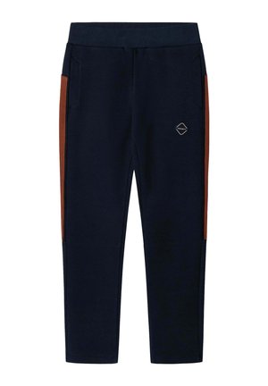 Marina byxor med elastisk midja, sidofickor och orange vertikala ränder längs sidorna. Har en liten logotypdetalj.