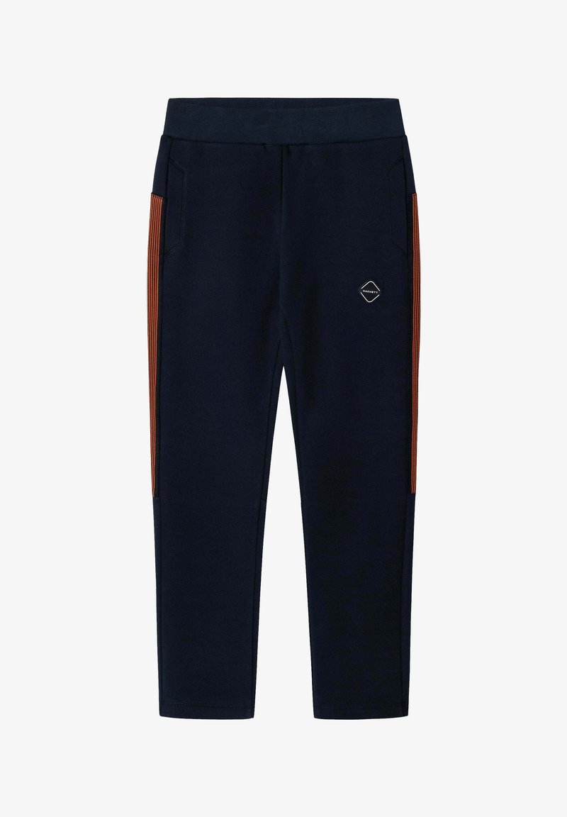 Námořnické tepláky s elastickým pasem, bočními kapsami a oranžovými vertikálními pruhy po stranách. Obsahují malou detailní nášivku s logem.