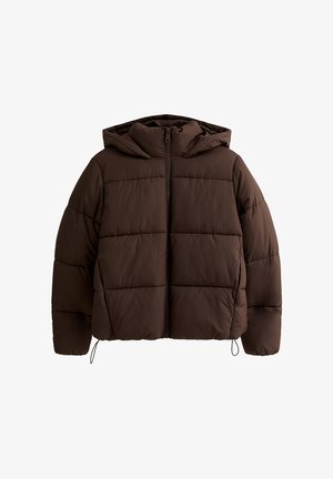 Brązowa kurtka puchowa z kapturem, z przeszytymi panelami i przednim zamkiem błyskawicznym. Regulowane sznurki na dolnym wiązaniu dla dostosowania do własnych potrzeb.