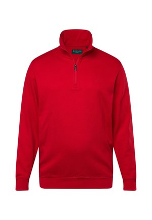 Red pullover sweater with a zippered collar. Made of soft fabric, featuring long sleeves and a ribbed hem. Subtle logo detail on chest.