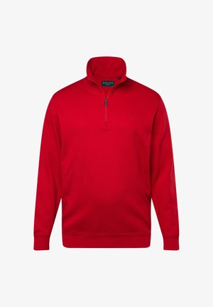 Red pullover sweater with a zippered collar. Made of soft fabric, featuring long sleeves and a ribbed hem. Subtle logo detail on chest.