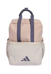 Zaino in canvas rosa chiaro con spallacci viola scuro, dotato di una grande tasca frontale e tasche laterali in rete grigie. Logo Adidas sul davanti.