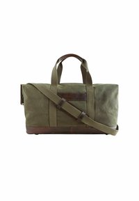 Grøn lærred duffel taske med brune læderdetaljer, dobbelte top håndtag, en aftagelig skulderrem og en rektangulær form.