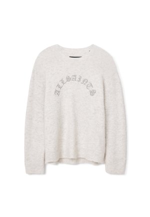 Helles graues Sweatshirt aus weichem Strickmaterial, mit Rundhalsausschnitt, überschnittenen Schultern und "ALLSAINTS" in Grau auf der Brust gestickt.