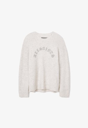 Helles graues Sweatshirt aus weichem Strickmaterial, mit Rundhalsausschnitt, überschnittenen Schultern und "ALLSAINTS" in Grau auf der Brust gestickt.