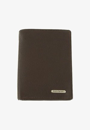 Dunkelbrauner Leder Geldbeutel mit genähten Kanten und einer kleinen silbernen Metallplatte, die in der unteren rechten Ecke mit "bruno banani" graviert ist.