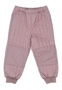 Geplottete rosa Hose mit glatter Textur, ausgestattet mit elastischem Bund, umgekrempelten Säumen und hellblauen Akzenten an der Seite.