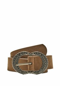 Cintura in suede marrone con una fibbia ornamentale in tono argento caratterizzata da dettagli intricati e un design sagomato. Texture liscia; nessun motivo visibile.